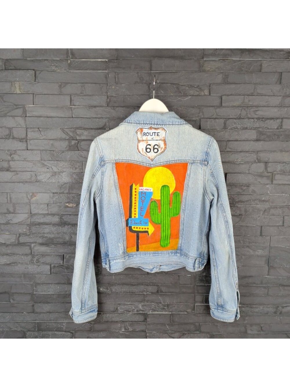 Route 66 Jean Jacket Custom Art Painted Upcycled Western Cactus Desert Wom L